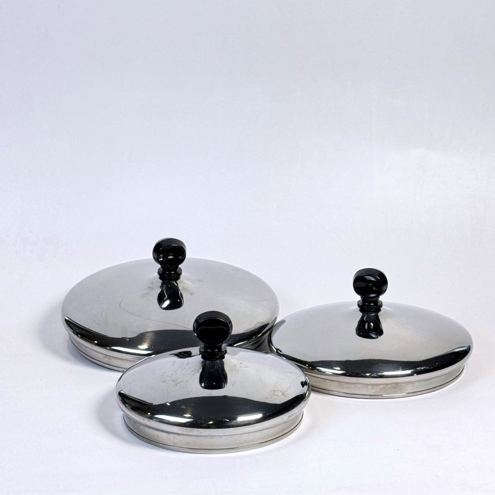 Vintage Farberware Stainless Steel 3pc Replacement Pot Lids Black Knobs